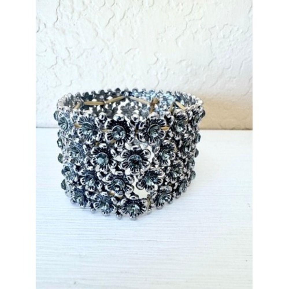 Floral Rhinestone Stretch Cuff Bracelet Silver Tone Wide Statement Resortwear - Picture 7 of 9